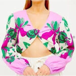 NEW Caroline Constas NY Sz L Linen Purple Green Long Sleeve Twist Front Top